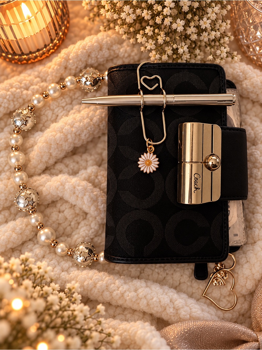 Coach Black Signature Card & Key Holder with Gold Accents